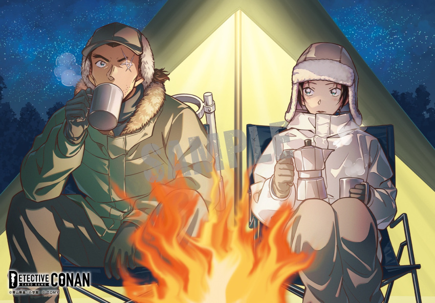 1boy, 1girl, black_gloves, black_hair, black_pants, campfire, camping, chair