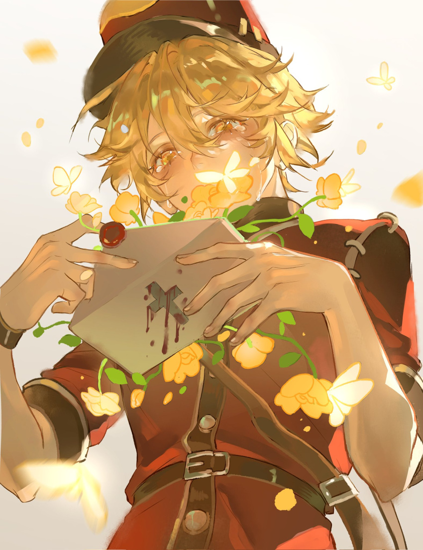 1boy, bag, banxiad, blonde_hair, bug, butterfly, covered_mouth, crying, envelope, flower, hat, highres, holding, holding_envelope, identity_v, looking_down, male_focus, red_hat, satchel, solo, streaming_tears, tears, upper_body, victor_grantz, yellow_butterfly, yellow_eyes, yellow_flower