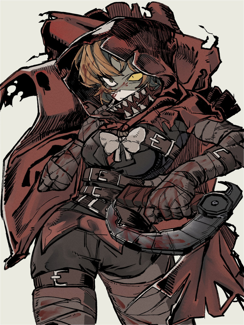 1girl, bandages, belt, black_shirt, blood, blood_on_clothes, blood_on_face, bow, coat, commentary_request, cowboy_shot, crimson_scar_(e.g.o), detap, e.g.o_(project_moon), heterochromia, highres, holding, holding_weapon, ishmael_(project_moon), jacket, korean_commentary, limbus_company, long_sleeves, mask, mouth_mask, orange_hair, project_moon, red_hood, shirt, solo, upper_body, weapon, yellow_eyes