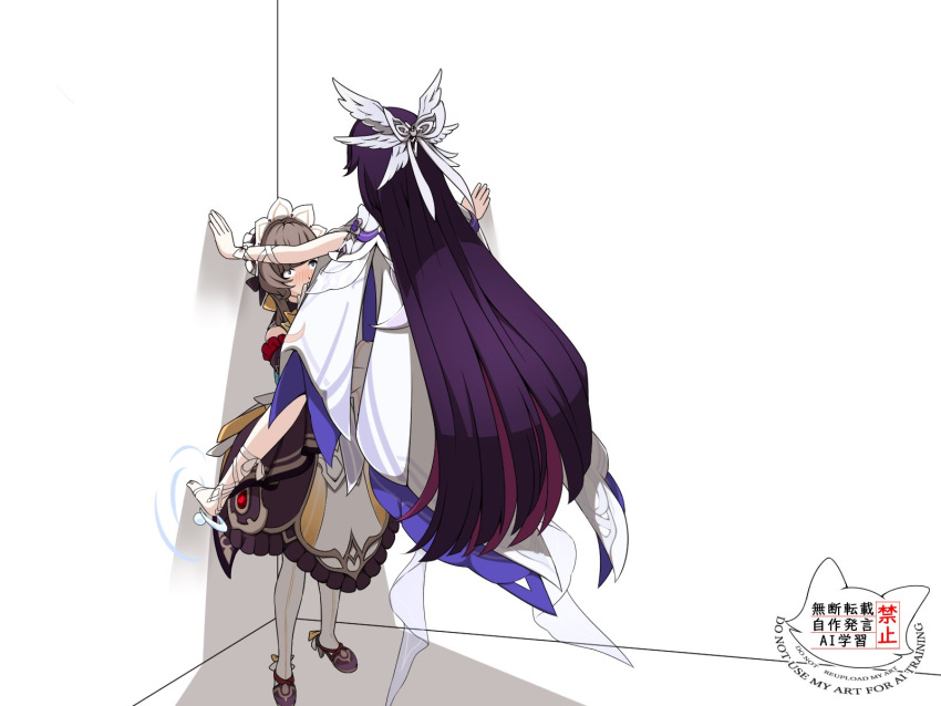 2girls, against_wall, bare_shoulders, barefoot, black_collar, black_hair, black_sleeves, blue_eyes