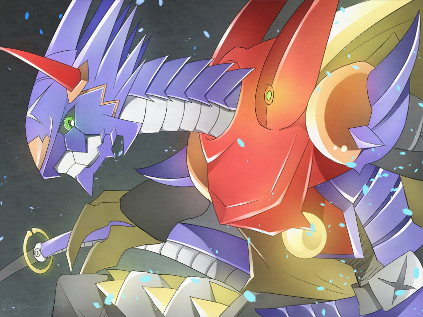 armor, arresterdramon, black_background, chest_jewel, commentary_request, cowboy_shot, digimon, digimon_(creature)