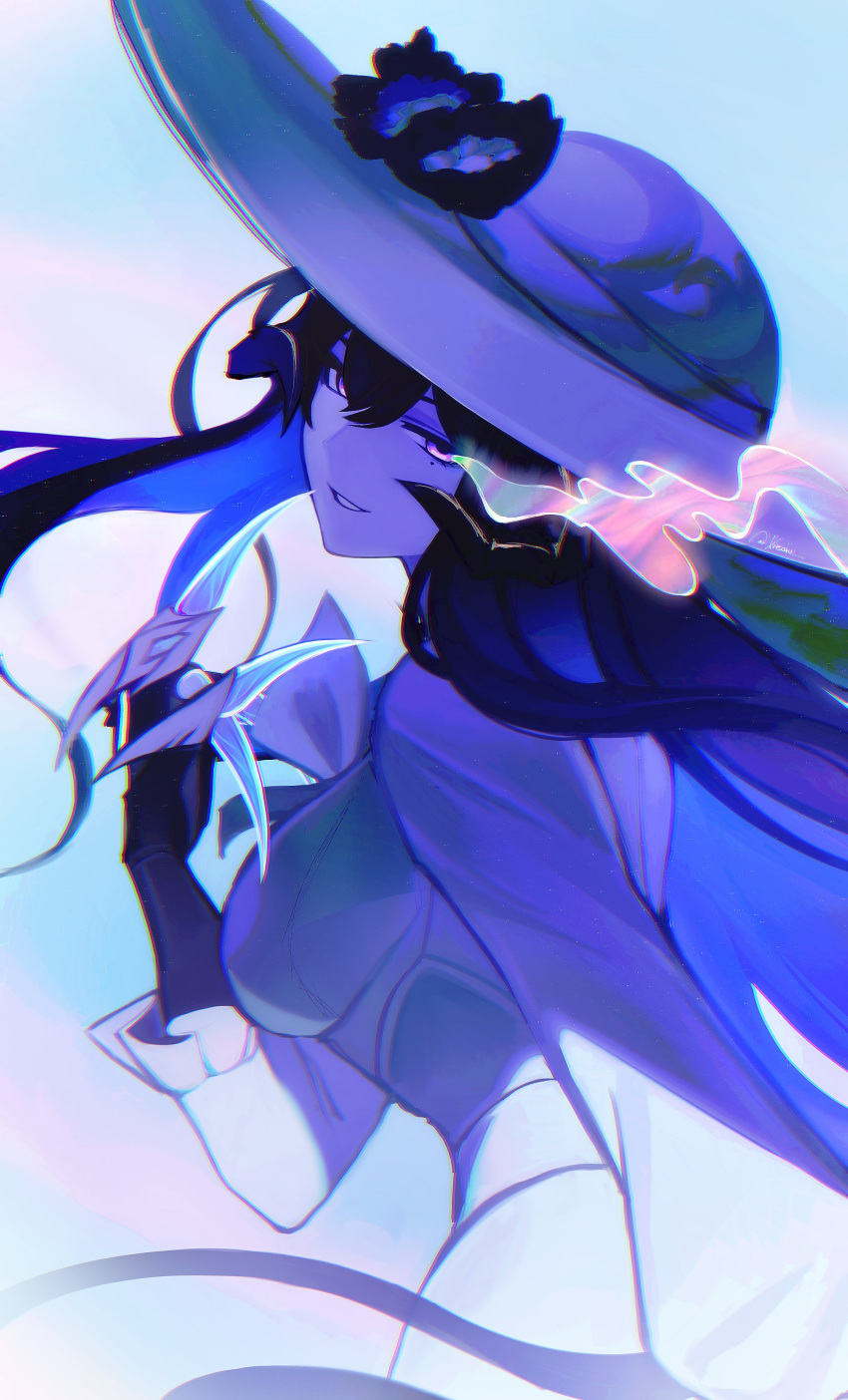 1girl, absurdres, albedo_(xieow), black_hair, breasts, commentary, demon_girl, demon_horns
