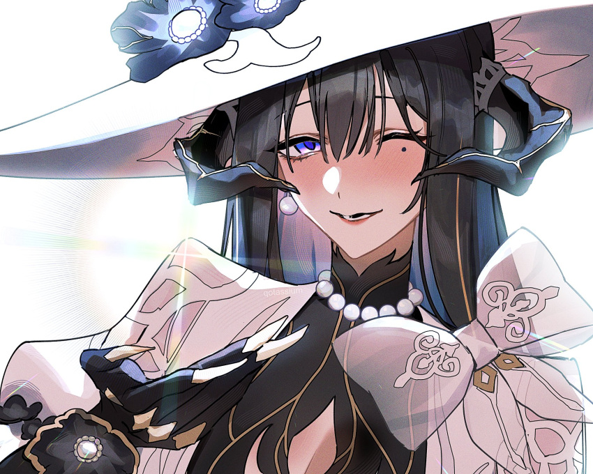 1girl, black_hair, botassium, breasts, commentary, demon_girl, demon_horns, dress