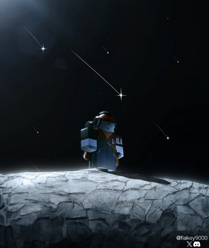 1other, ambiguous_gender, backlighting, builderfan, chest_belt, commentary, english_commentary, flakey_9000, full_body, headphones, helmet, highres, meteor_shower, moon, other_focus, outdoors, roblox, shadow, space, standing