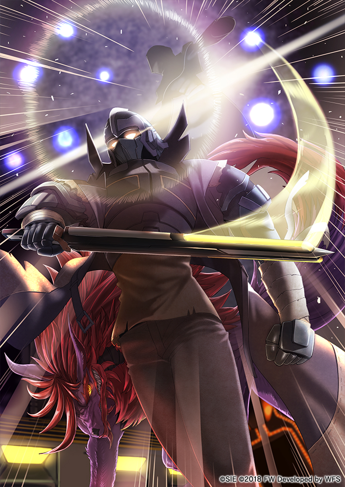 armor, boomerang_flash, commentary_request, glowing, glowing_eyes, hinomoto_madoka, holding, holding_sword