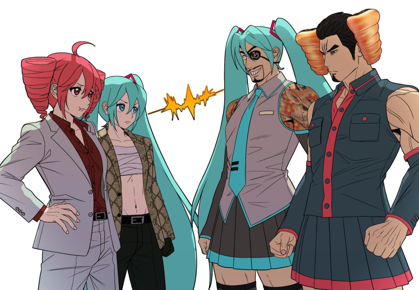 2boys, ahoge, aqua_eyes, aqua_hair, aqua_necktie, bandaged_chest, bare_shoulders, black_hair, black_shirt, black_sleeves, blue_eyes, blue_hair, bread, breast_pocket, cdtxufre, collared_shirt, cosplay, detached_sleeves, drill_hair, eyepatch, facial_hair, food, formal_clothes, goatee, grey_suit, hair_between_eyes, hair_ornament, hatsune_miku, hatsune_miku_(cosplay), headset, highres, jacket, kasane_teto, kasane_teto_(cosplay), kasane_teto_(utau), kiryu_kazuma, kiryu_kazuma_(cosplay), long_hair, majima_goro, majima_goro_(cosplay), multiple_boys, necktie, one-eyed, open_clothes, pants, pocket, pout, red_eyes, red_hair, red_shirt, red_trim, ryuu_ga_gotoku_(series), ryuu_ga_gotoku_1, shirt, short_hair, skirt, sleeveless, sleeveless_shirt, smile, snake_print, suit, tattoo, thigh-highs, twin_drills, twintails, utau, very_long_hair, vocaloid