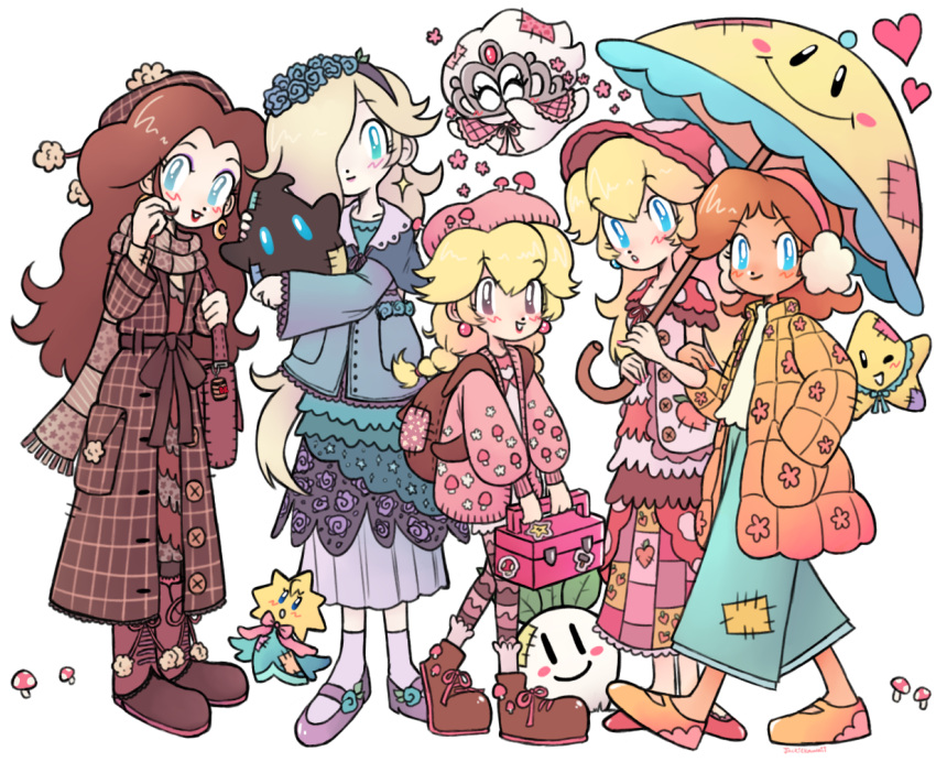 2others, 6+girls, backpack, bag, blonde_hair, boo_(mario), brown_coat, brown_hair