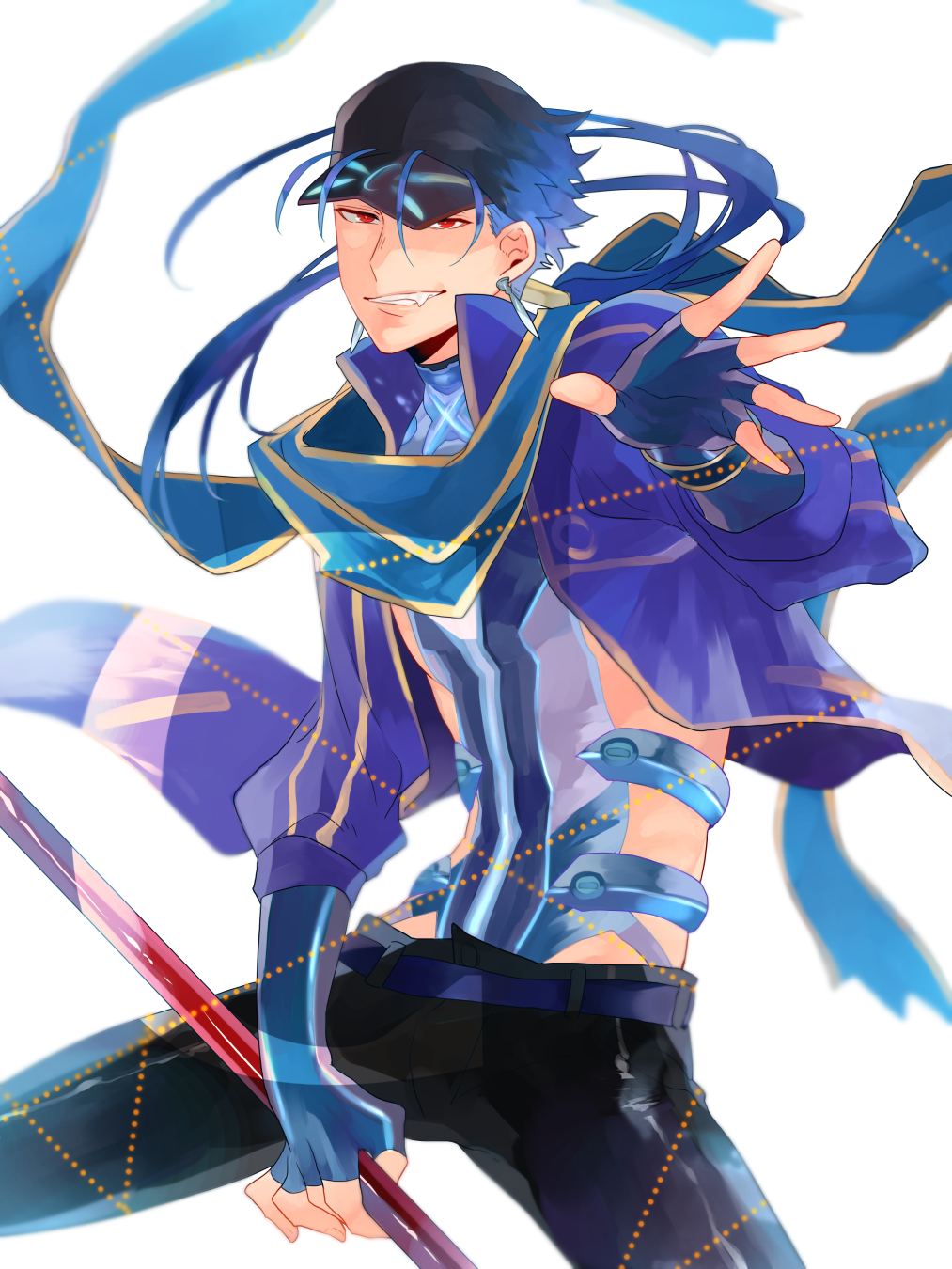 1boy, artoria_pendragon_(fate), baseball_cap, black_hat, black_pants, blue_gloves, blue_hair, commentary_request