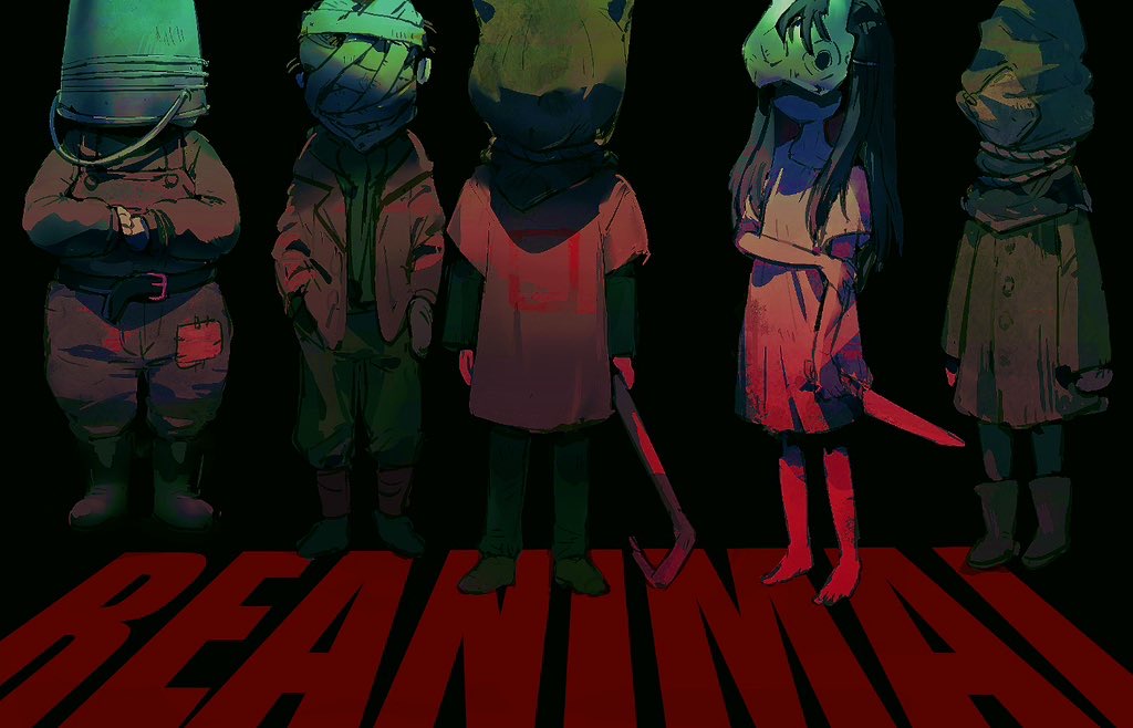 2girls, 3boys, bandage_(reanimal), bandaged_head, bandages, barefoot, belt, boots, boy_(reanimal), bucket, bucket_(reanimal), bucket_on_head, commentary_request, copyright_name, dress, girl_(reanimal), holding, holding_knife, hood_(reanimal), kmitty, knife, mask, mittens, multiple_boys, multiple_girls, object_on_head, overalls, rabbit_mask, reanimal, rope, sack, standing