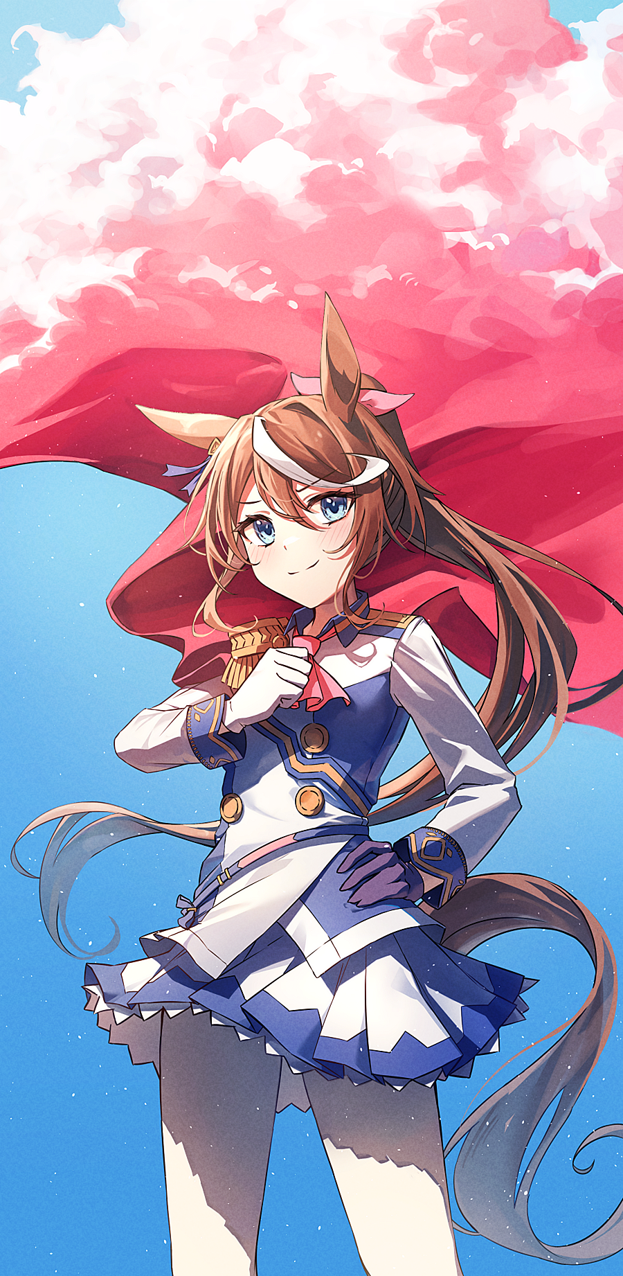 1girl, animal_ears, ascot, asymmetrical_gloves, black_gloves, blue_eyes, bneoul, brown_hair