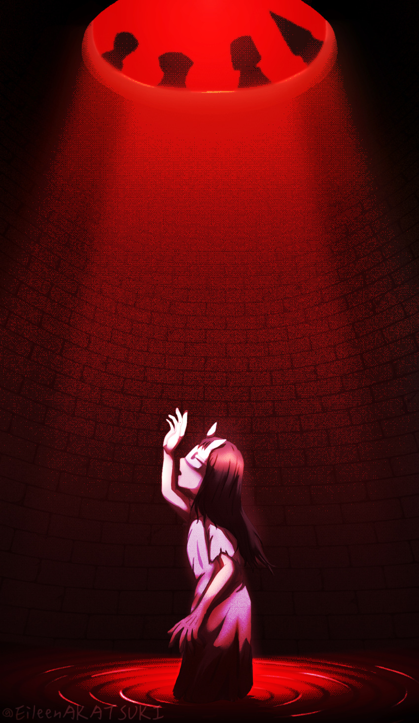 2girls, 3boys, absurdres, bandage_(reanimal), boy_(reanimal), bucket_(reanimal), commentary, dithering, dress, eileenakatsuki, eye_mask, girl_(reanimal), hand_up, highres, hood, hood_(reanimal), mask, multiple_boys, multiple_girls, partially_submerged, rabbit_mask, reanimal, silhouette, solo_focus, well