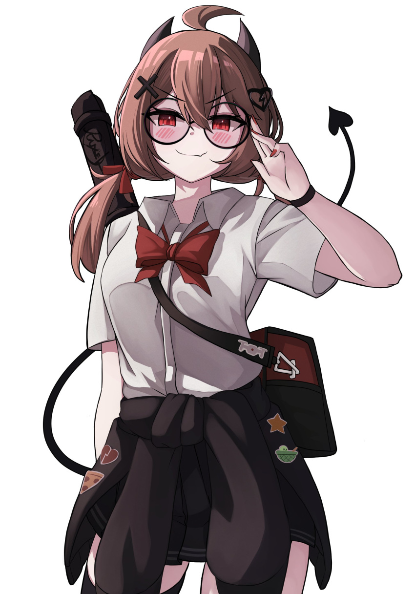 1girl, absurdres, ahoge, arm_up, bag, black_cardigan, black_horns, black_skirt