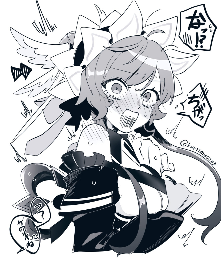2girls, ^^^, ahoge, arrow_(symbol), bare_shoulders, black_collar, black_hair, black_sleeves