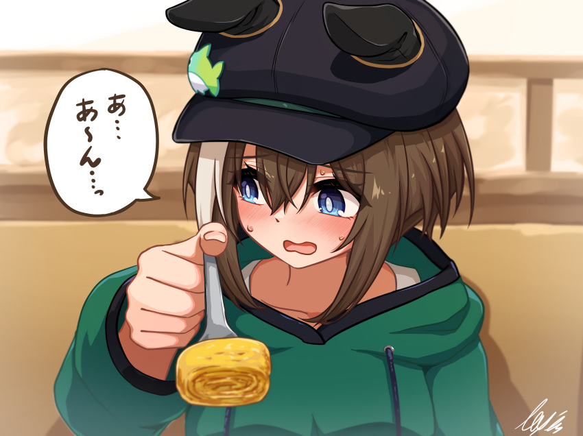 1girl, animal_ears, blue_eyes, blush, brown_hair, casual, cheval_grand_(casual)_(umamusume), cheval_grand_(umamusume)