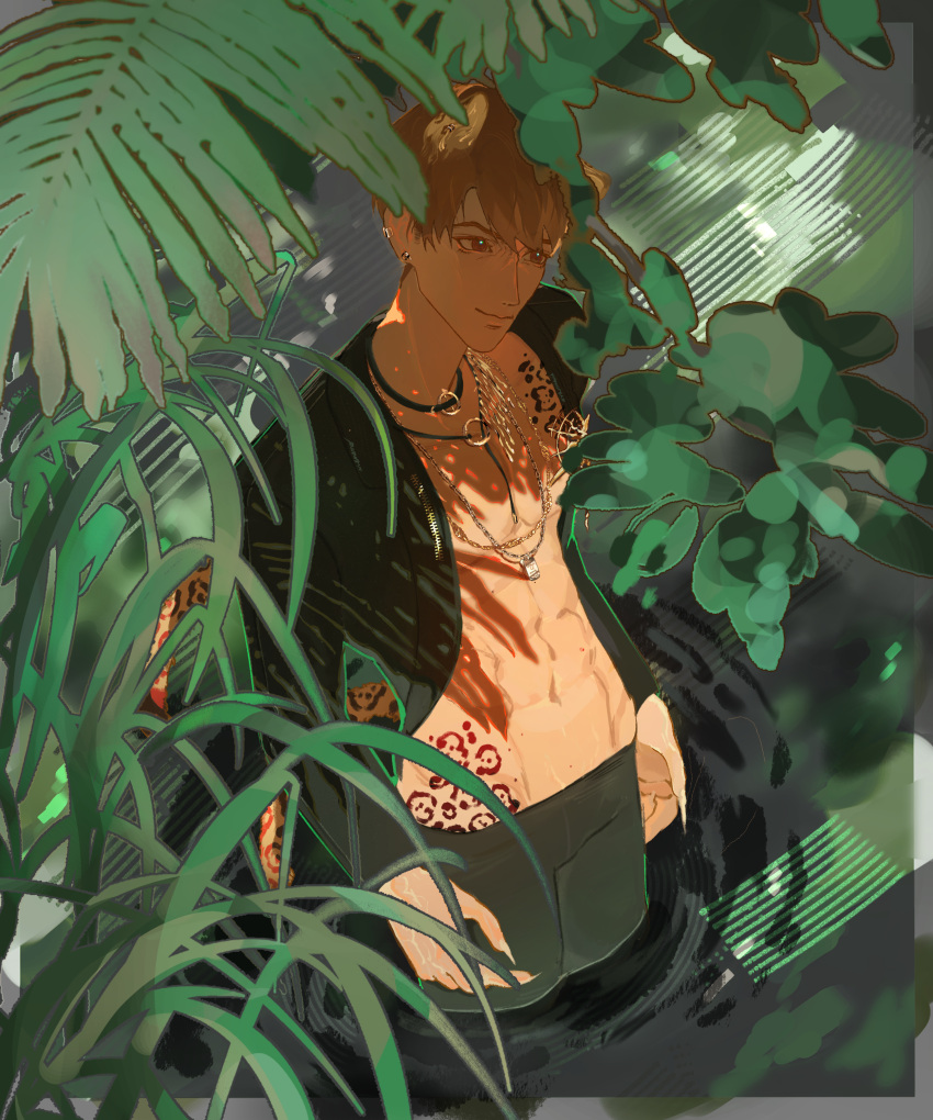 1boy, black_jacket, black_pants, brown_hair, caleb_(love_and_deepspace), chains, half_body, jaguar_ears