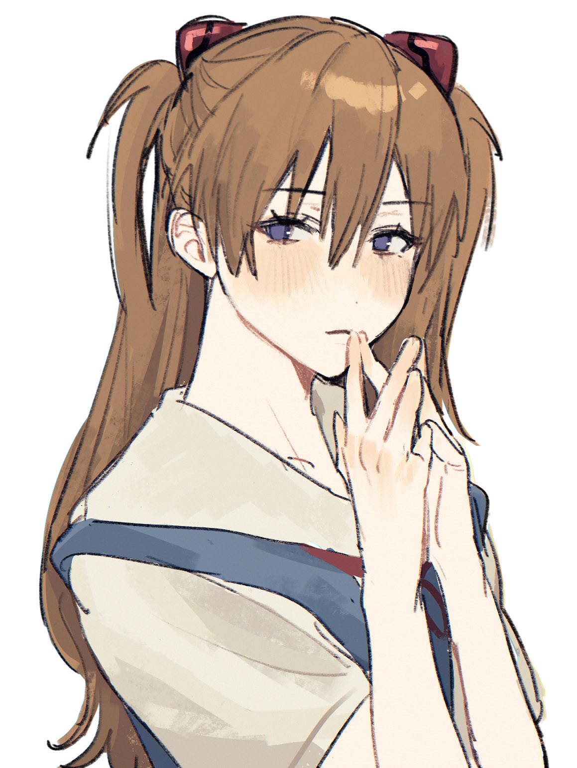 blue_dress, blue_eyes, blush, brown_hair, closed_mouth, collared_shirt, commentary, dress