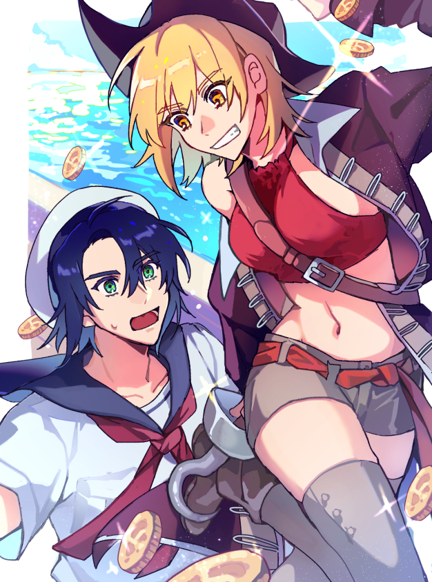 1boy, 1girl, athrun_zala, between_breasts, blonde_hair, blue_hair, blue_sailor_collar, boots, border, breasts, brown_boots, brown_hair, brown_jacket, cagalli_yula_athha, coin, cowboy_hat, cowgirl_(western), crop_top, gold_coin, green_eyes, grey_shorts, grey_thighhighs, grin, gundam, gundam_seed, hair_between_eyes, halter_shirt, halterneck, hat, hook_hand, jacket, kc_otaku0, looking_at_another, medium_breasts, midriff, navel, necktie, open_mouth, orange_eyes, parted_bangs, red_necktie, red_shirt, sailor, sailor_collar, sailor_hat, sailor_shirt, shirt, short_hair, short_shorts, short_sleeves, shorts, shoulder_belt, single_bare_shoulder, smile, sparkle, strap_between_breasts, sweatdrop, teeth, thigh-highs, white_border, white_hat, white_shirt