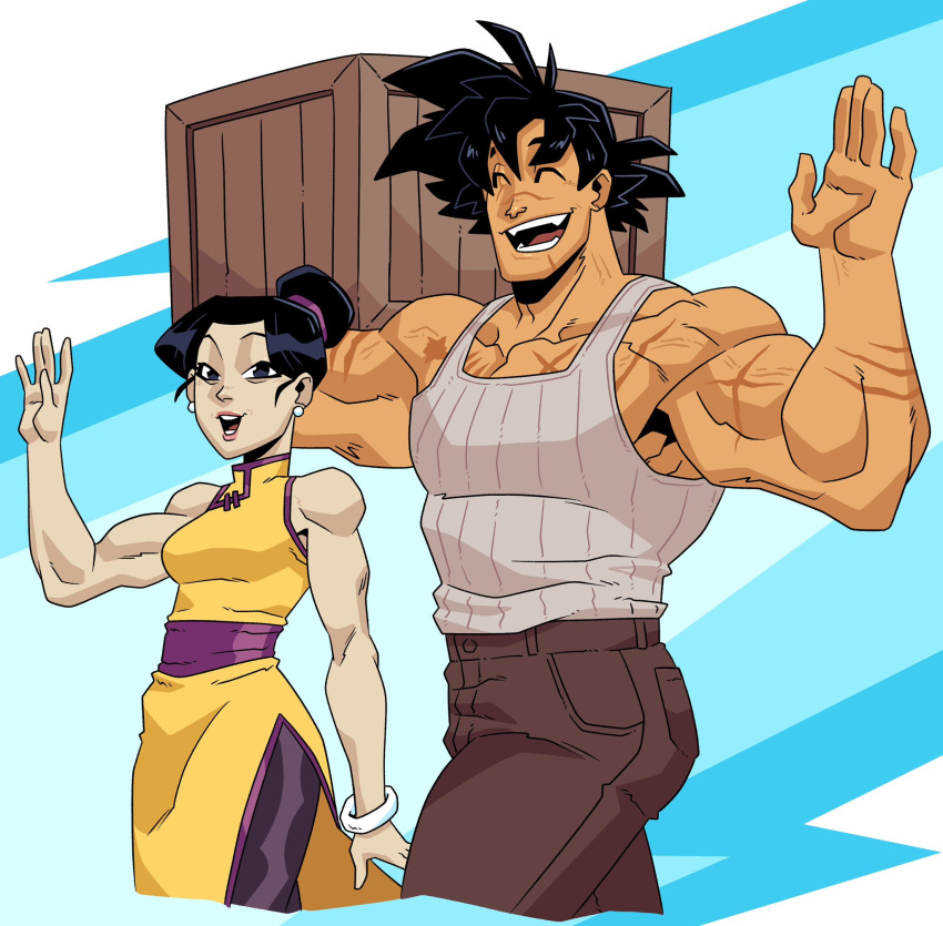 1boy, 1girl, abstract_background, black_hair, broad_shoulders, carrying_over_shoulder, chi-chi_(dragon_ball), commentary, crate, denim, dragon_ball, dragon_ball_super, english_commentary, grey_shirt, highres, husband_and_wife, jeans, large_pectorals, muscular, muscular_arms, muscular_male, pants, pectorals, saiyan, shirt, smile, son_goku, spiky_hair, teeth, toned, toned_female, toon_(style), waving, wolfsvile, wooden_box