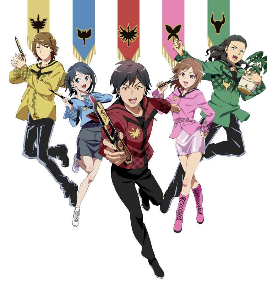 2boys, 3girls, :d, annoyed, banner, black_hair, black_pants, black_shoes