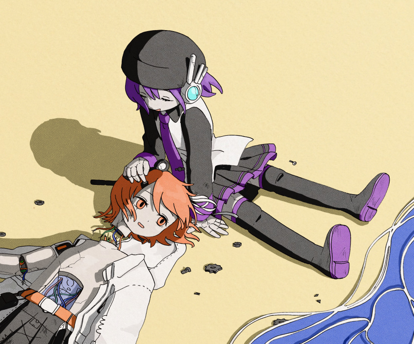 2girls, a.i._voice, adachi_rei, android, beach, belt, beret, black_boots, black_hat, black_skirt, boots, cable, closed_eyes, coat, commentary_request, disembodied_head, gears, hand_on_another's_head, hat, headgear, highres, injury, joints, kikaijima_(utau), long_sleeves, lying, mechanical_arms, multiple_girls, necktie, on_back, open_mouth, orange_eyes, orange_hair, outdoors, purple_hair, purple_necktie, robot_joints, sabaku_(saba9), screw, shadow, shirt, short_hair, sitting, skirt, thigh_boots, utane_uta, utau, water, white_coat
