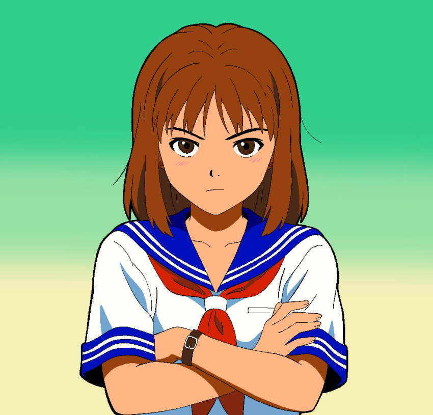 1girl, absurdres, blue_sailor_collar, brown_eyes, brown_hair, closed_mouth, crossed_arms, cumgyattler_v, gradient_background, green_background, highres, janken_game_acchi_muite_hoi!, looking_at_viewer, medium_hair, neckerchief, red_neckerchief, retro_artstyle, sailor_collar, school_uniform, serafuku, short_hair, short_sleeves, solo, tomomi_(janken_game_acchi_muite_hoi!), upper_body, watch, watch