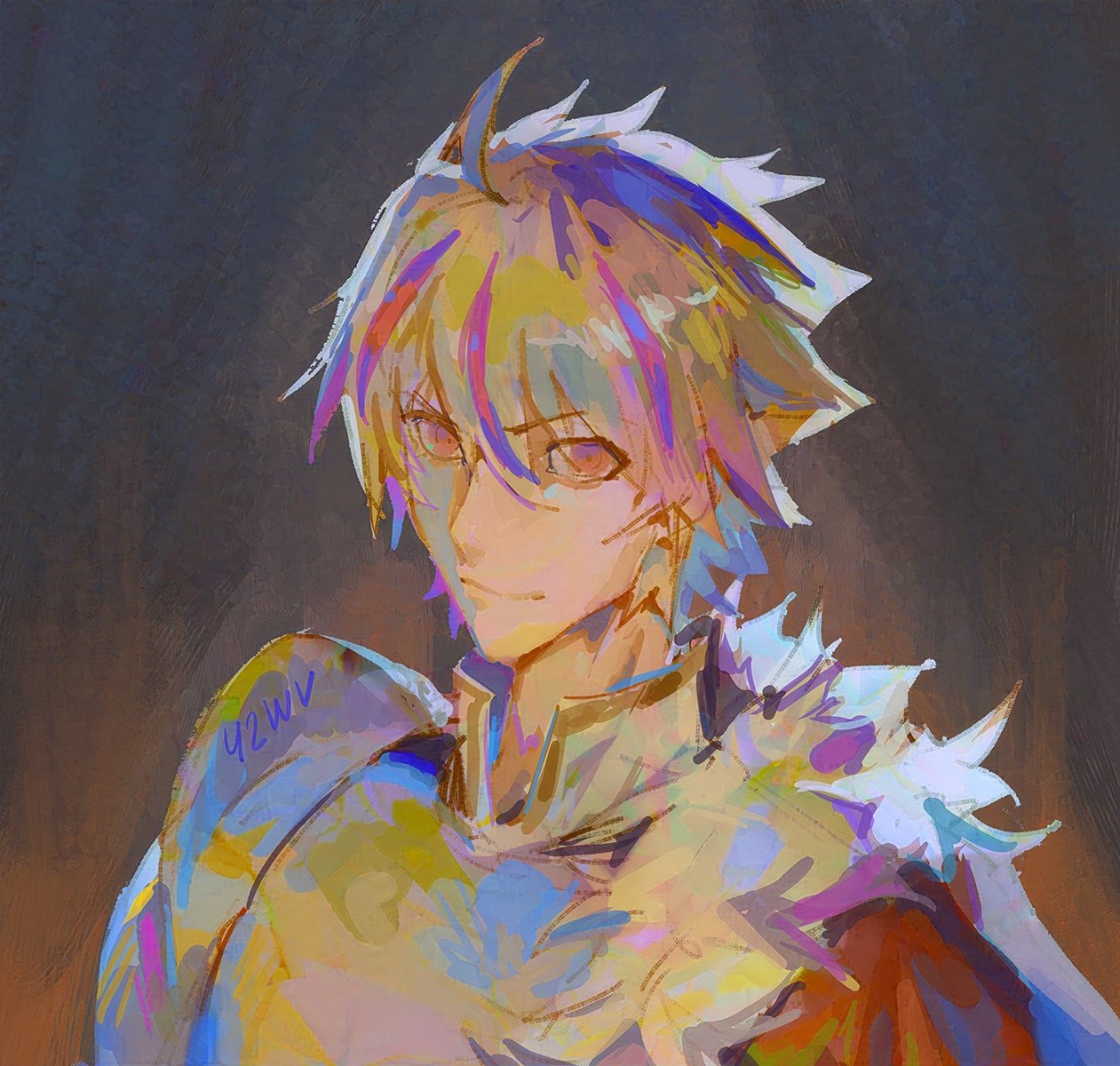 1boy, alternate_hair_color, armor, blonde_hair, cape, fate/strange_fake, fate_(series), highres, male_focus, multicolored_hair, purple_streaks, red_cape, richard_i_(fate), shinigami_wyvern, side_cape, smile, solo, streaked_hair