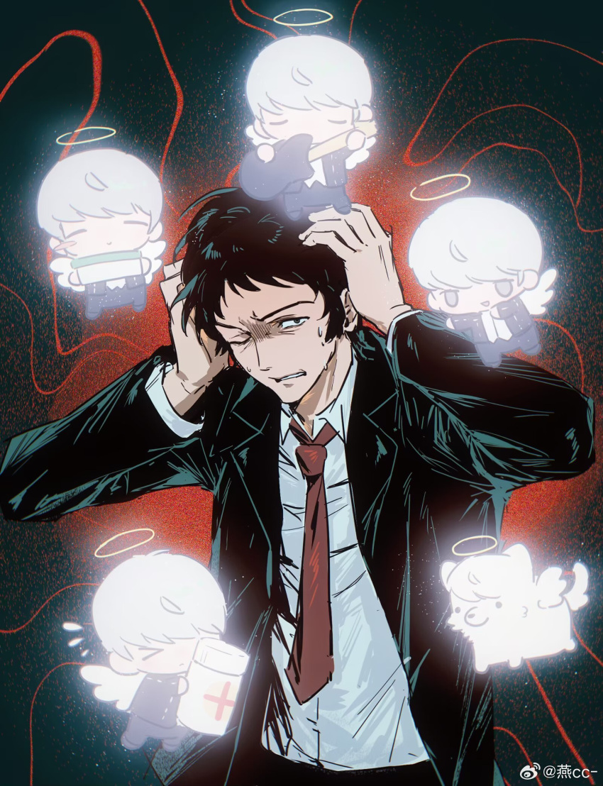 1boy, adachi_tooru, angel, black_hair, chibi, chinese_commentary, collared_shirt, commentary_request