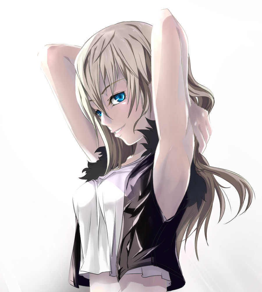 arms_behind_head, arms_up, blonde_hair, blue_eyes, breasts, bust, head_tilt, lips, long_hair, midriff, original, palch_(artist), palch_(hugo), simple_background, smile, solo, tank_top, teeth, vest