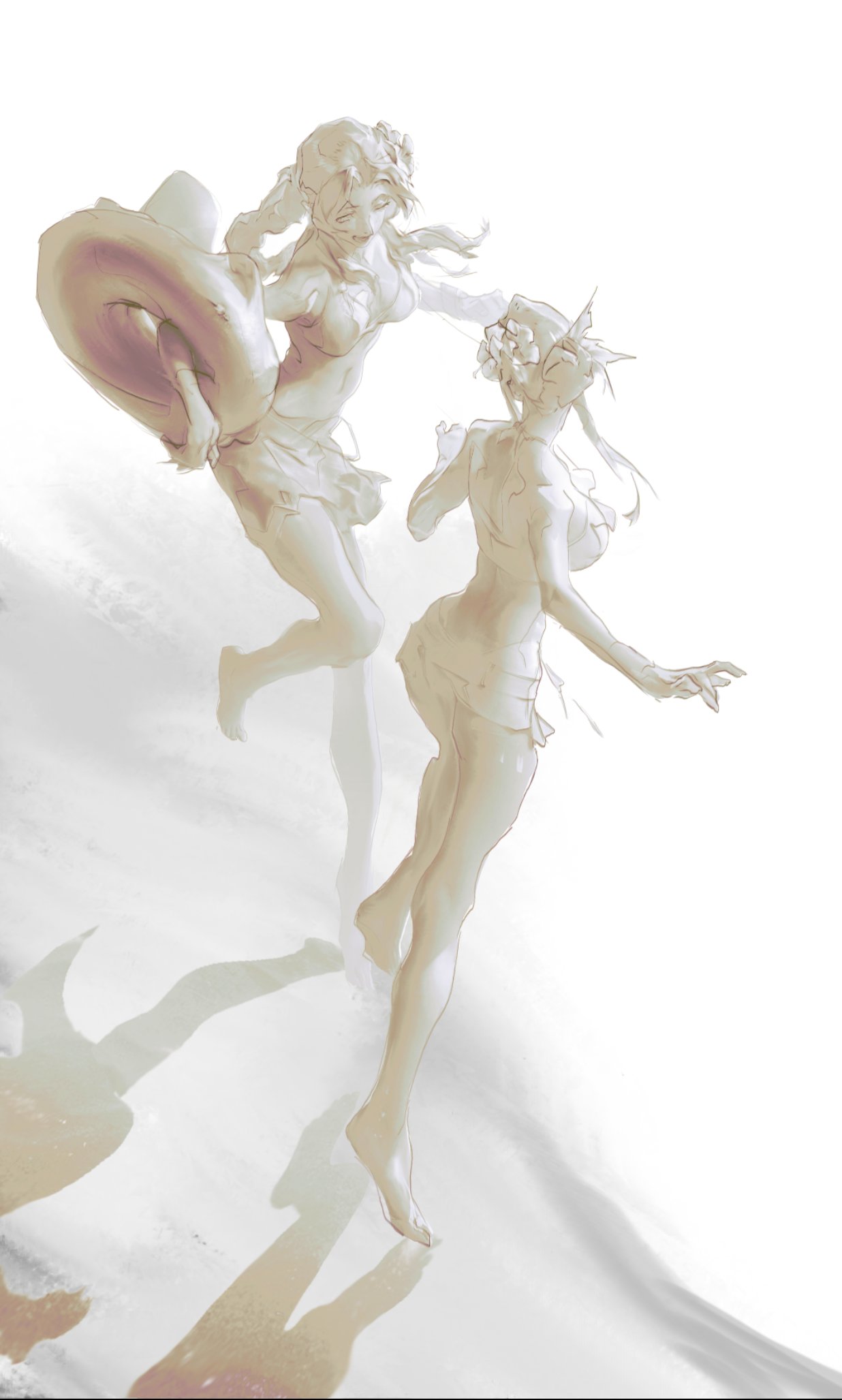 2girls, aerith_gainsborough, aerith_gainsborough_(pink_mermaid), bare_arms, bare_shoulders, barefoot, beach, bikini, braid, braided_ponytail, breasts, commentary_request, final_fantasy, final_fantasy_vii, final_fantasy_vii_rebirth, final_fantasy_vii_remake, flower, full_body, hair_flower, hair_ornament, highres, holding, holding_swim_ring, large_breasts, long_hair, looking_at_another, medium_breasts, midriff, miniskirt, multiple_girls, official_alternate_costume, open_mouth, parted_lips, sidelocks, single_braid, sketch, skirt, smile, swim_ring, swimsuit, tifa_lockhart, tifa_lockhart_(shining_spirit), updo, xia_yu