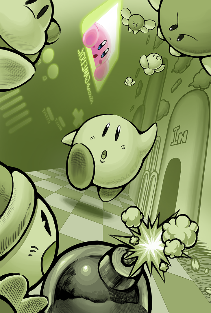 anniversary, blush_stickers, bomb, bronto_burt, colored_skin, commentary_request, explosive, game_boy, green_theme, handheld_game_console, kirby, kirby's_dream_land, kirby_(series), looking_at_another, no_humans, pink_skin, poppy_bros_sr, twizzy, waddle_dee, yakisoba229