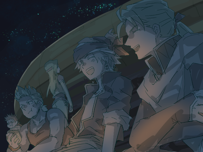1girl, 4boys, 9th_ff6, aircraft, airship, bare_shoulders, black_jacket, blonde_hair
