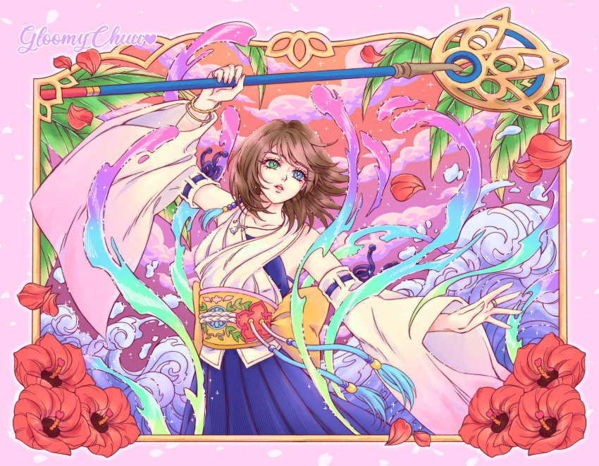 1girl, back_bow, bare_shoulders, beads, black_bra, blue_eyes, blue_skirt, border