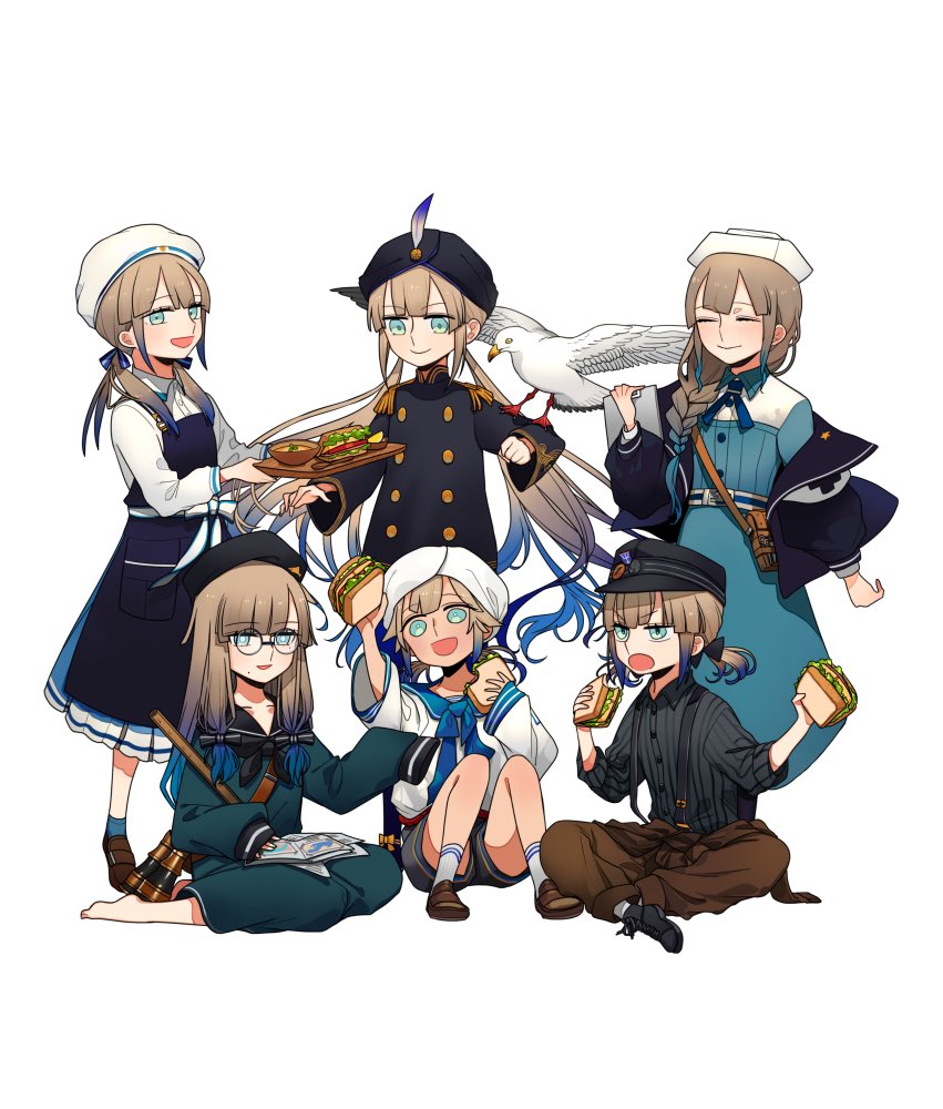 1boy, 1other, 4girls, arm_up, baker_nemo_(fate), bird, blue_dress, braid