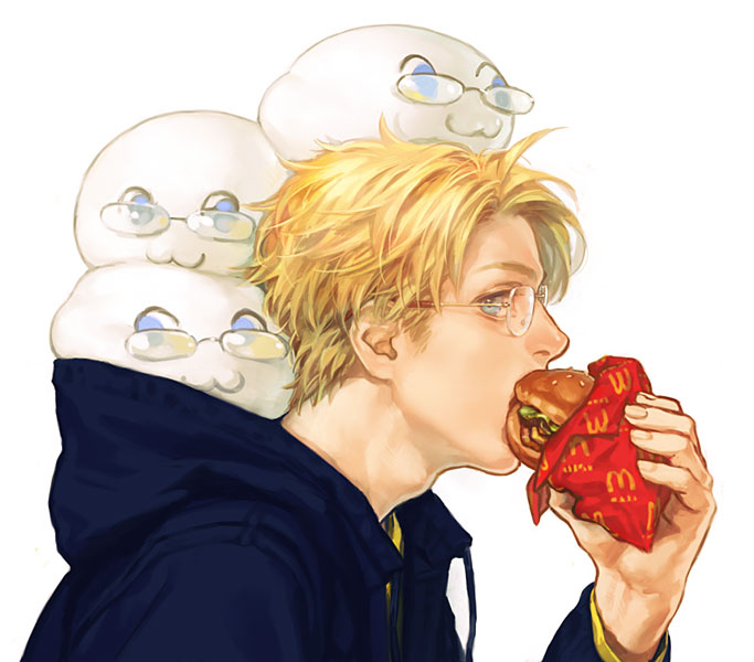 a_k_i, america_(hetalia), axis_powers_hetalia, blonde_hair, blue_eyes, eating, face, food, glasses, hamburger, hoodie, male, mcdonald's, mcdonald's, profile, realistic, simple_background