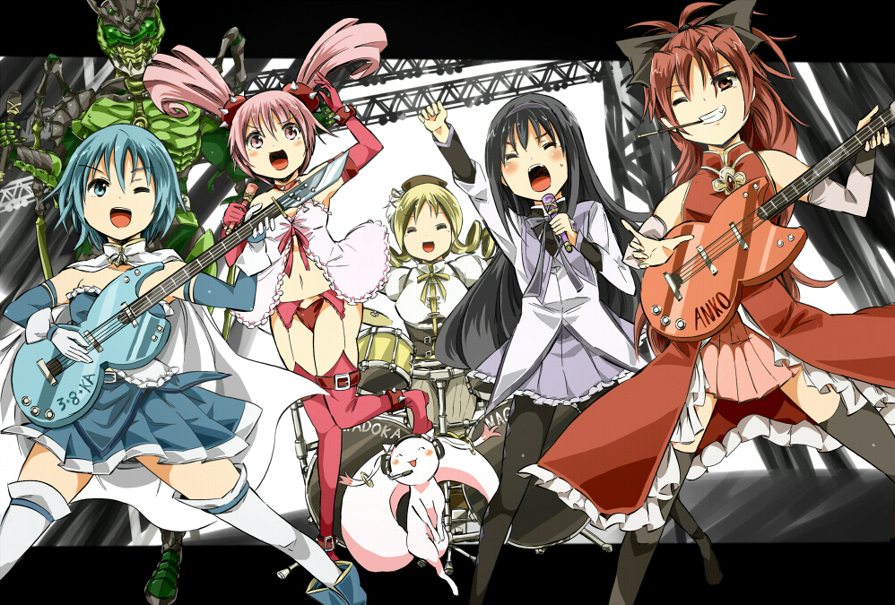 babydoll, crossover, drum, drum_set, eichi_(0903275), guitar, henshin, instrument