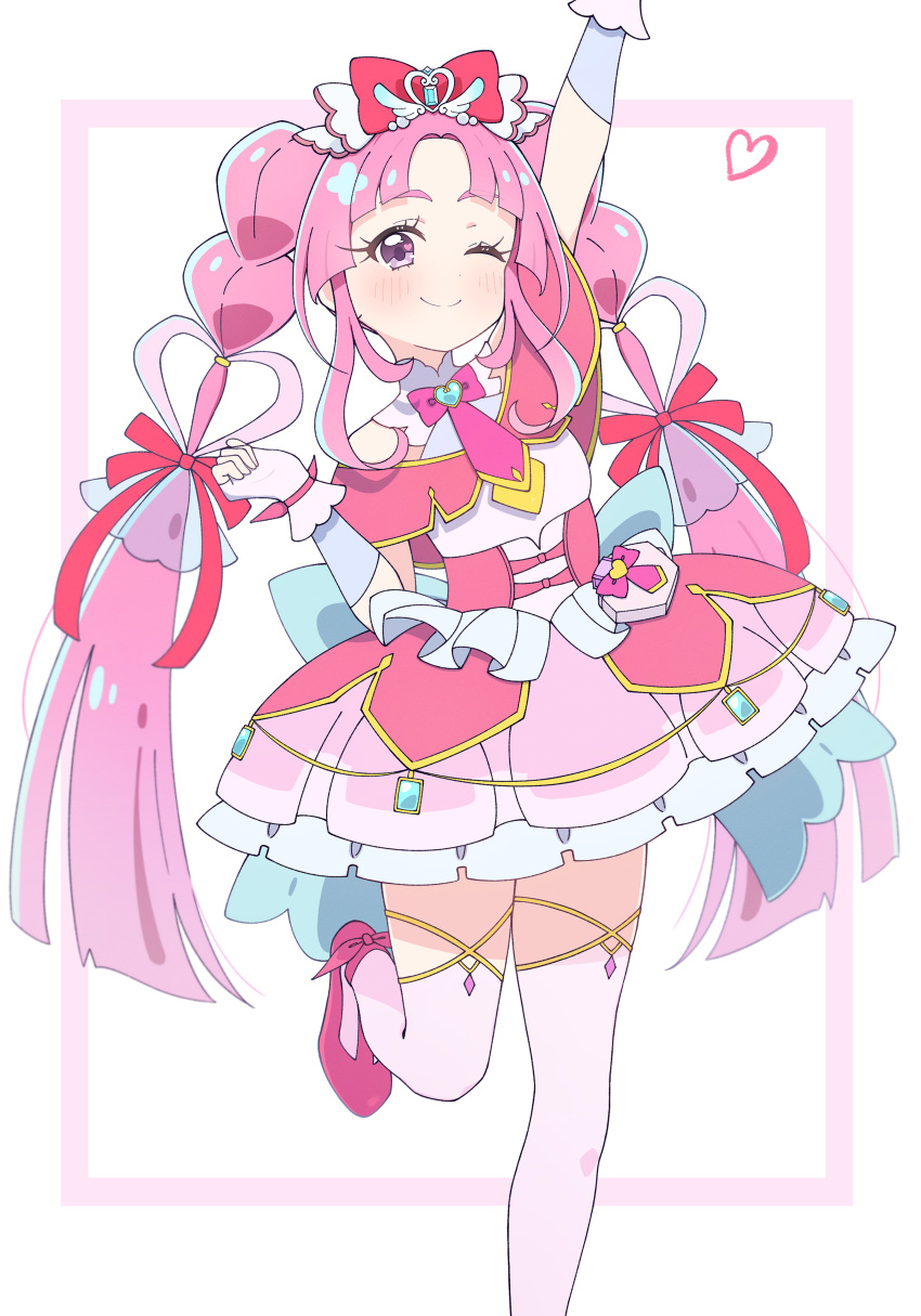 1girl, ;), absurdres, arm_up, back_bow, blue_bow, bow, bowtie, braid, brooch, capelet, closed_mouth, commentary, cure_mystique, dress, earrings, fingerless_gloves, frilled_dress, frills, gloves, hair_bow, hair_ornament, hair_ribbon, heart, heart_brooch, heart_hair_ornament, highres, jewelry, kobayashi_mikuru, large_bow, layered_gloves, leg_up, long_hair, looking_at_viewer, magical_girl, meitantei_precure!, one_eye_closed, pact_holder, parted_bangs, pink_bow, pink_bowtie, pink_dress, pink_hair, pink_shoes, poryuyee, precure, red_bow, red_capelet, red_ribbon, ribbon, shoes, short_dress, sleeveless, sleeveless_dress, smile, solo, standing, standing_on_one_leg, thigh-highs, twin_braids, very_long_hair, violet_eyes, white_thighhighs
