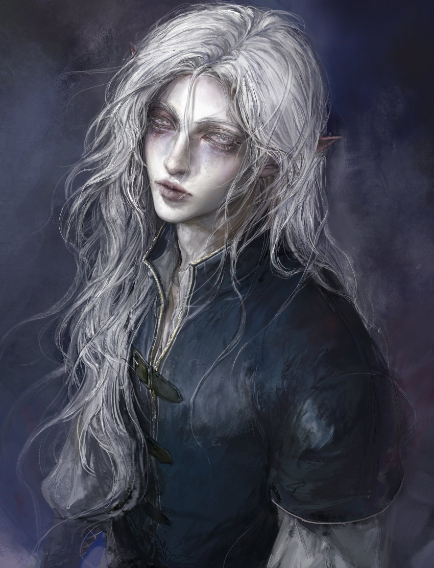 9eujang, absurdres, androgynous, commentary, elf, fantasy, high_collar, highres