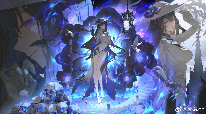 1girl, absurdres, black_hair, breasts, chinese_commentary, commentary_request, demon_girl, demon_horns, demon_tail, dress, hat, highres, honkai:_star_rail, honkai_(series), horns, large_breasts, long_hair, looking_at_viewer, pile_of_skulls, qiuqiuku, solo, tail, the_dahlia_(honkai:_star_rail), very_long_hair, violet_eyes