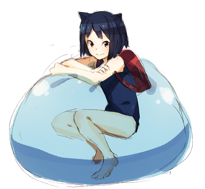 animal_ears, arcana_heart, backpack, bag, barefoot, black_hair, brown_eyes, cat_ears