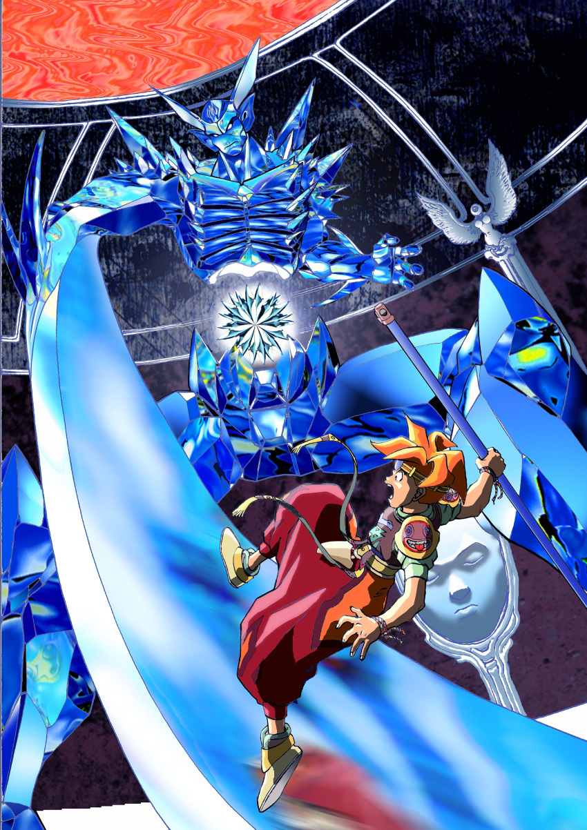 absurdres, ark_(tenchi_souzou), baggy_pants, battle, closed_mouth, commentary_request, fujiwara_kamui, full_body