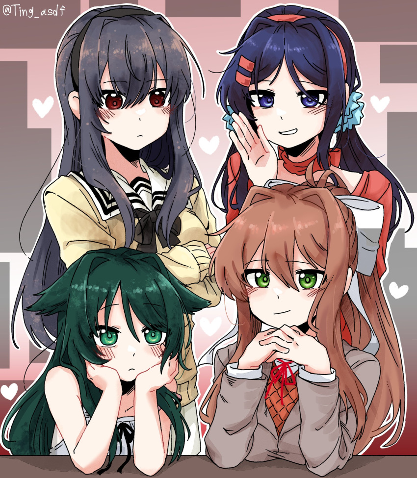 4girls, black_hair, blue_eyes, blue_hair, blush, brown_hair, commentary, crossed_arms