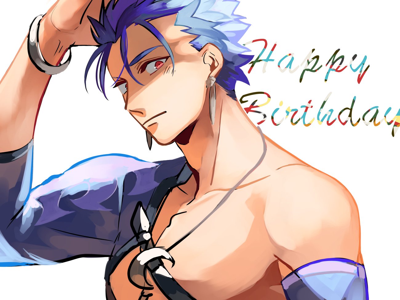 1boy, adam's_apple, arm_up, blue_hair, bracelet, closed_mouth, collarbone, commentary_request