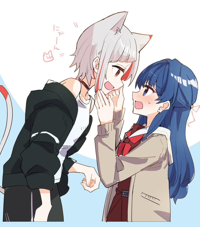 2girls, animal_ears, black_choker, black_jacket, black_shorts, blue_background, blue_eyes, blue_hair