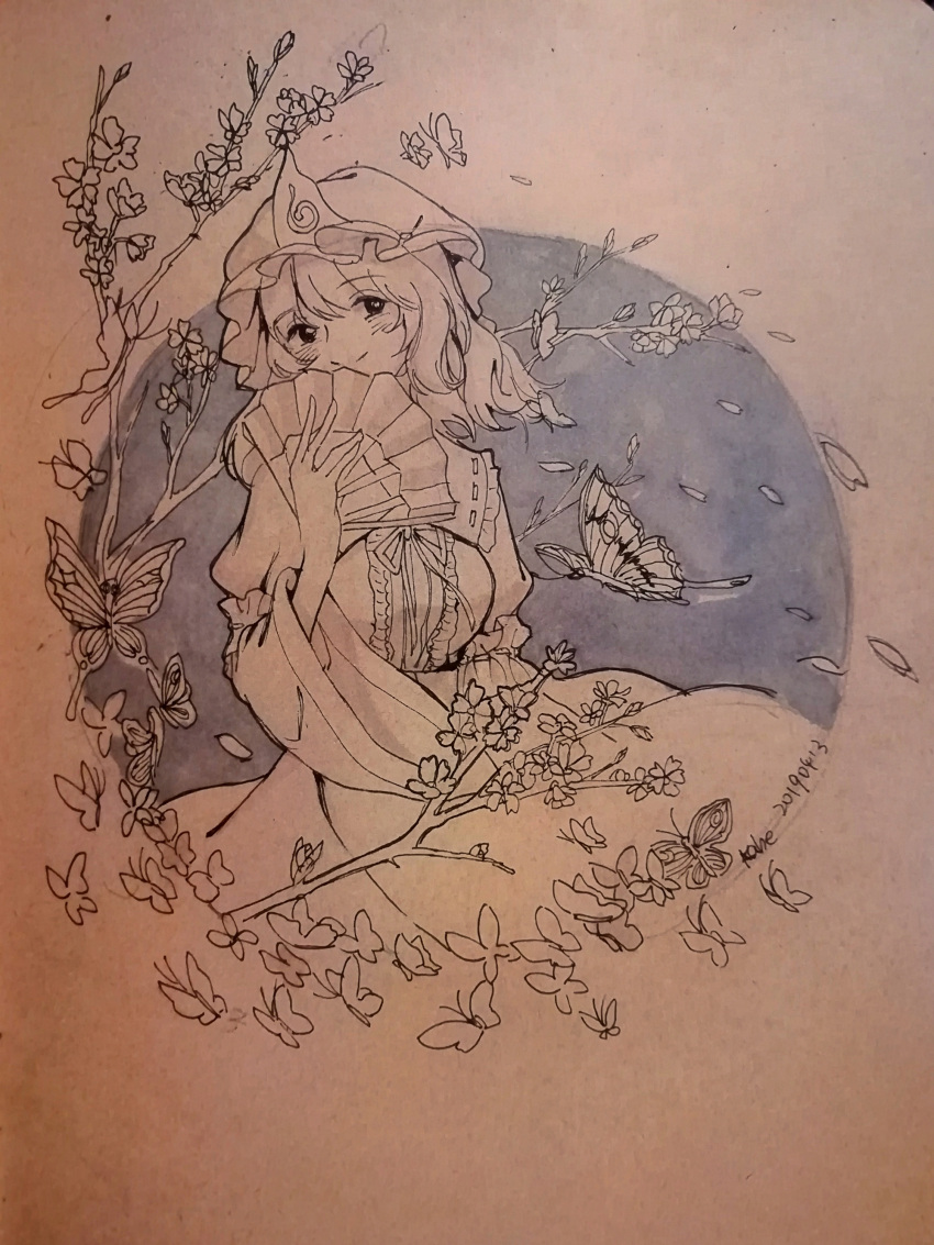 1girl, abi_(kabe), absurdres, blush, breasts, bug, butterfly, cherry_blossoms