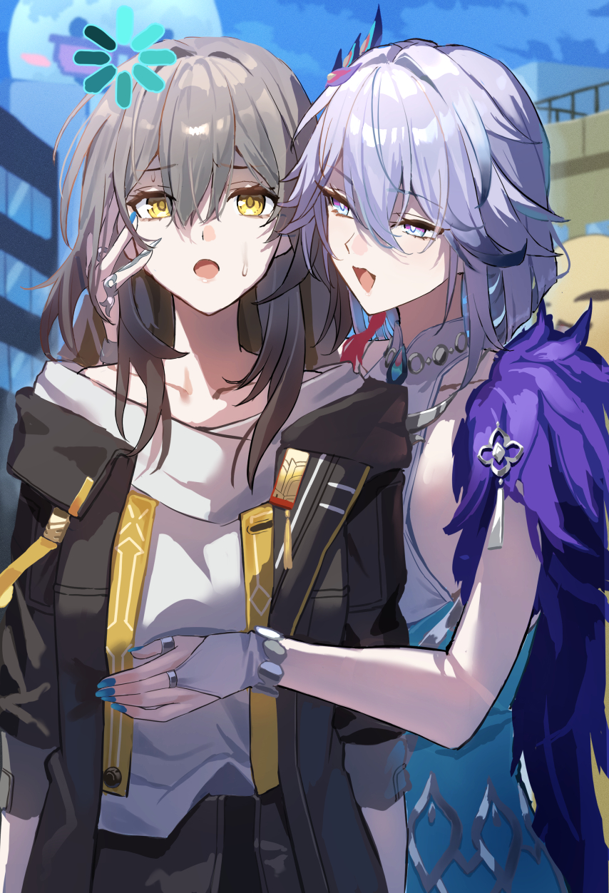 2girls, black_coat, black_skirt, blue_eyes, blue_nails, bridal_gauntlets, coat, commentary_request