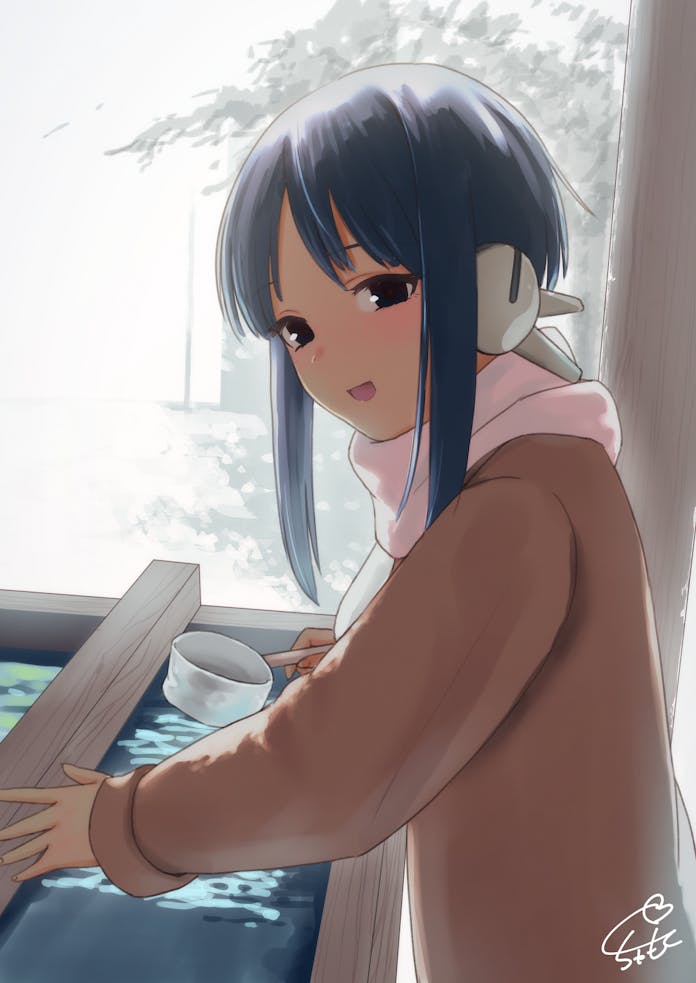 1girl, :d, black_eyes, blue_hair, blush, brown_jacket, commentary_request, commission