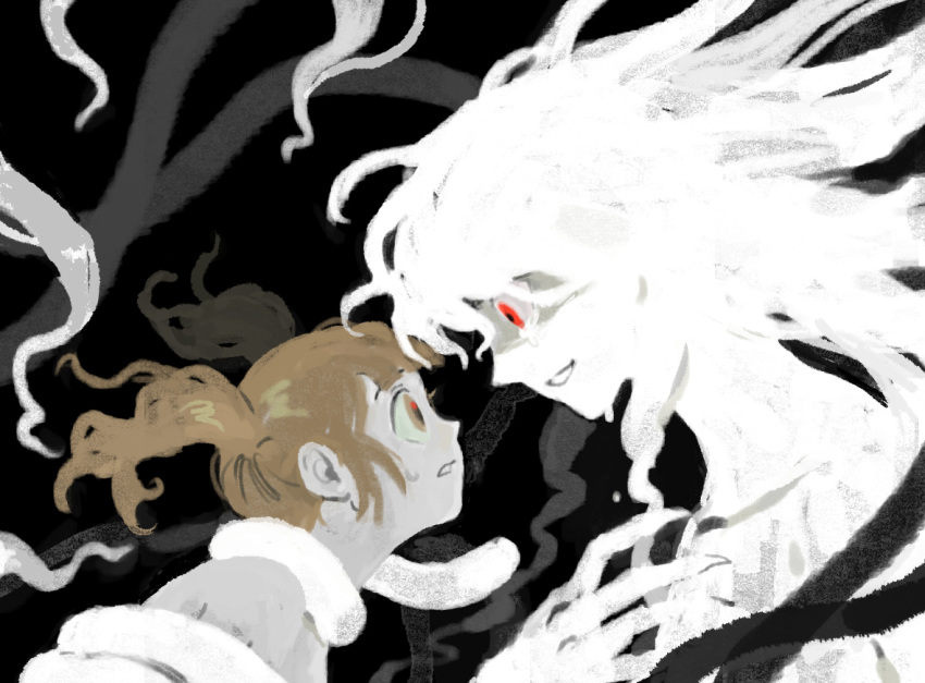 1boy, 1girl, albino, black_background, blunt_bangs, brown_hair, chinese_commentary, colored_skin, commentary_request, completely_nude, crying, crying_with_eyes_open, degrees_of_lewdity, empty_eyes, face-to-face, floating_hair, from_side, grey_skin, grin, guu_(hakahonoo), hair_between_eyes, ivory_wraith, ivory_wraith_(male), long_hair, looking_at_another, no_lineart, nude, parted_lips, player_character_(degrees_of_lewdity), player_character_(female)_(degrees_of_lewdity), red_eyes, scared, shaded_face, short_twintails, sidelocks, simple_background, simplified_chinese_commentary, smile, tears, tentacle_around_neck, tentacle_grab, tentacle_hair, tentacles, twintails, upper_body, white_hair, white_skin, wide-eyed
