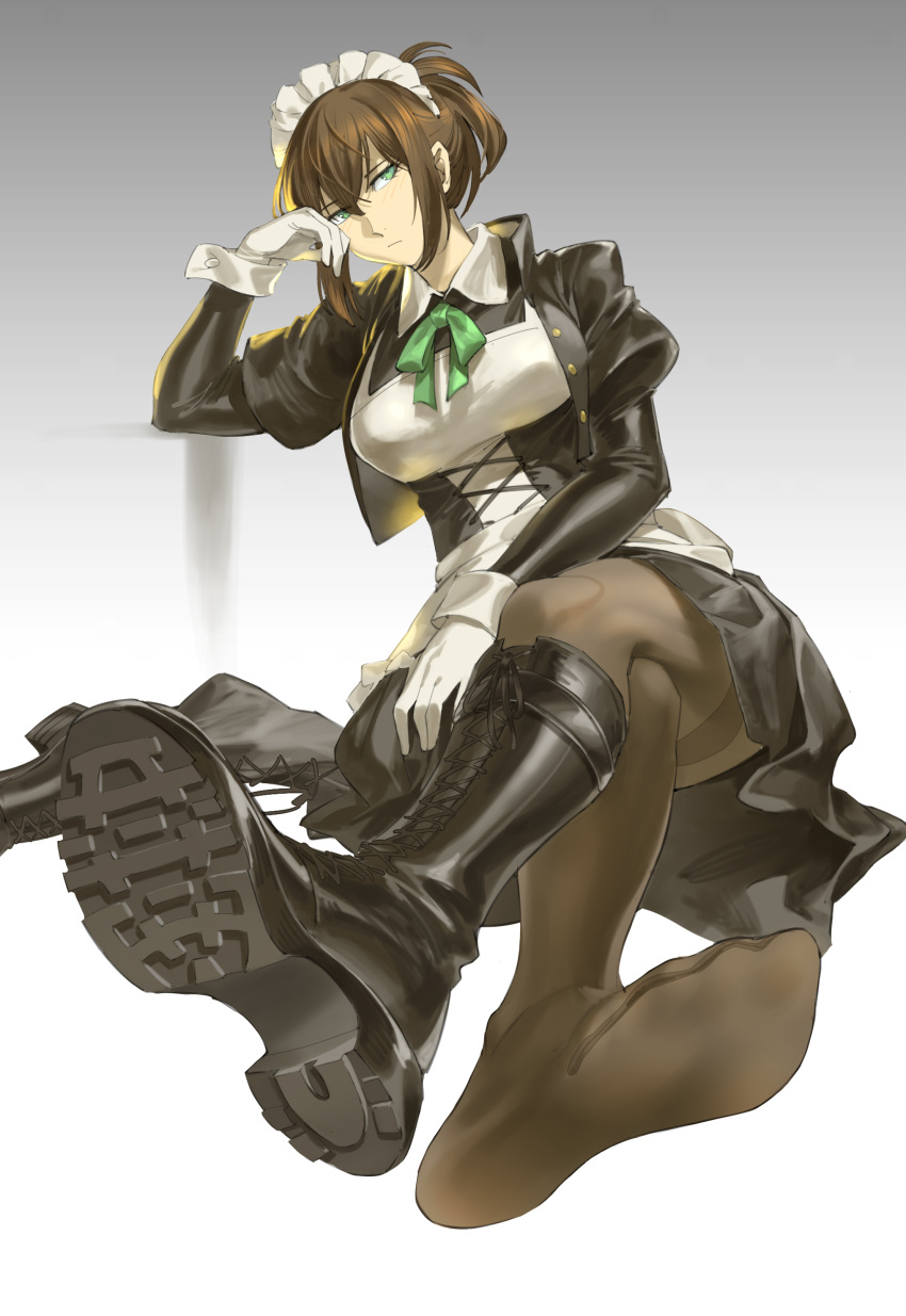 absurdres, apron, black_boots, black_pantyhose, boots, crossed_legs, feet, fine_fabric_emphasis