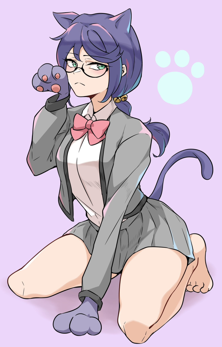1girl, animal_ears, animal_hands, barefoot, bell, black-framed_eyewear, bow, bowtie