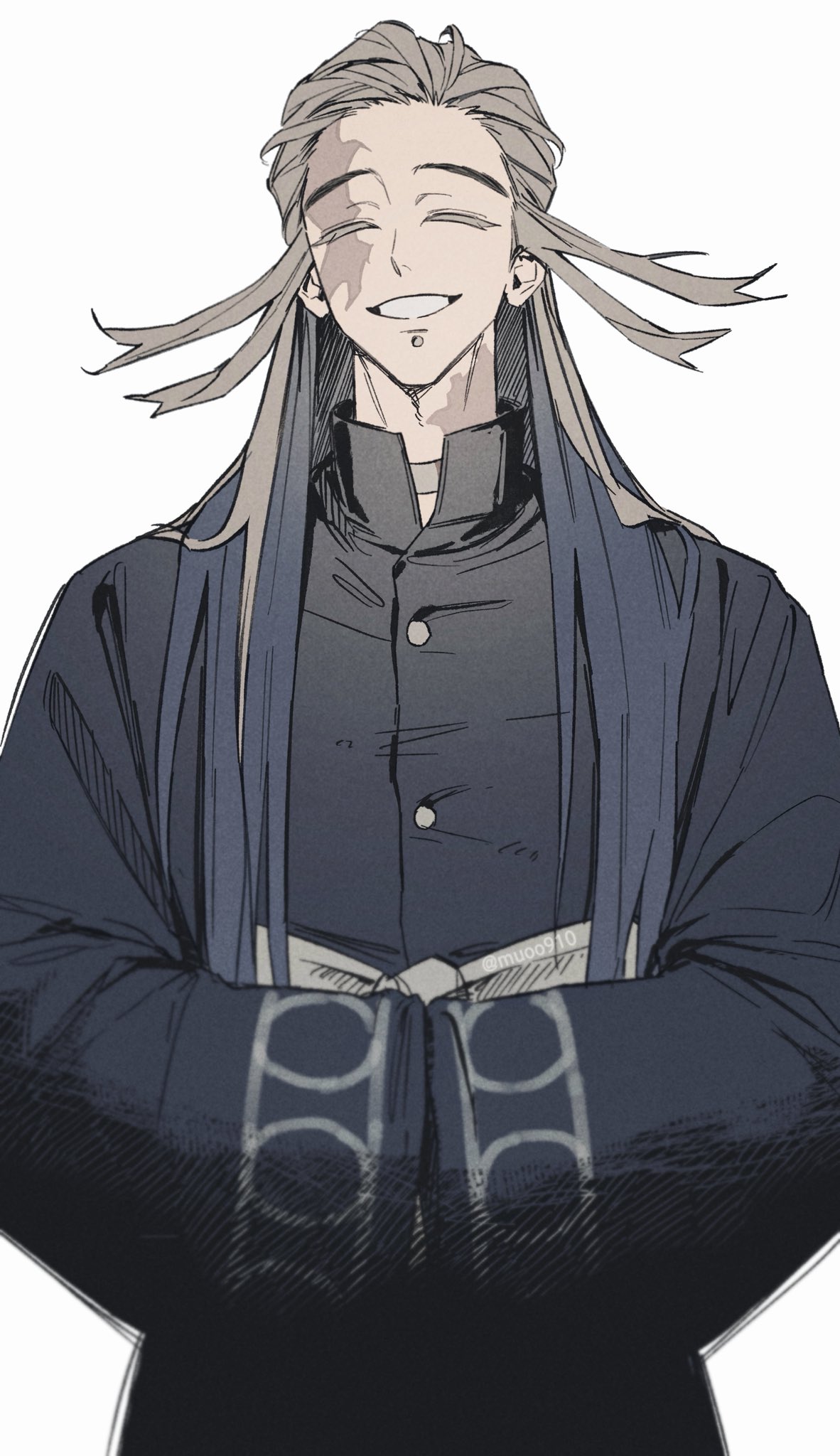 1boy, blue_hair, buttons, closed_eyes, commentary_request, gachiakuta, grey_hair, highres, korean_commentary, long_hair, male_focus, multicolored_hair, muoo910, parted_lips, popped_collar, simple_background, smile, solo, tamsy_caines, two-tone_hair, upper_body, very_long_hair, white_background, wide_sleeves